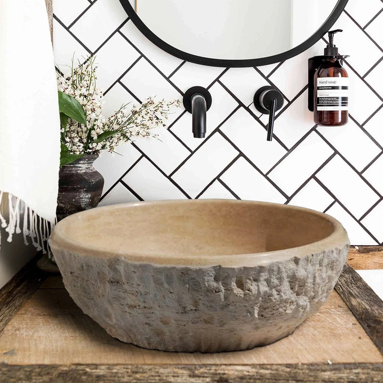 Lavabo de baño Troia de travertino beige claro con cara dividida y diseño de dragón (diámetro de 16 in, altura de 6 in)