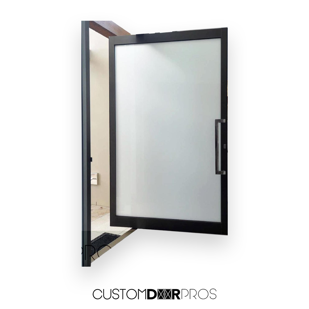 Puerta pivotante minimalista de vidrio esmerilado
