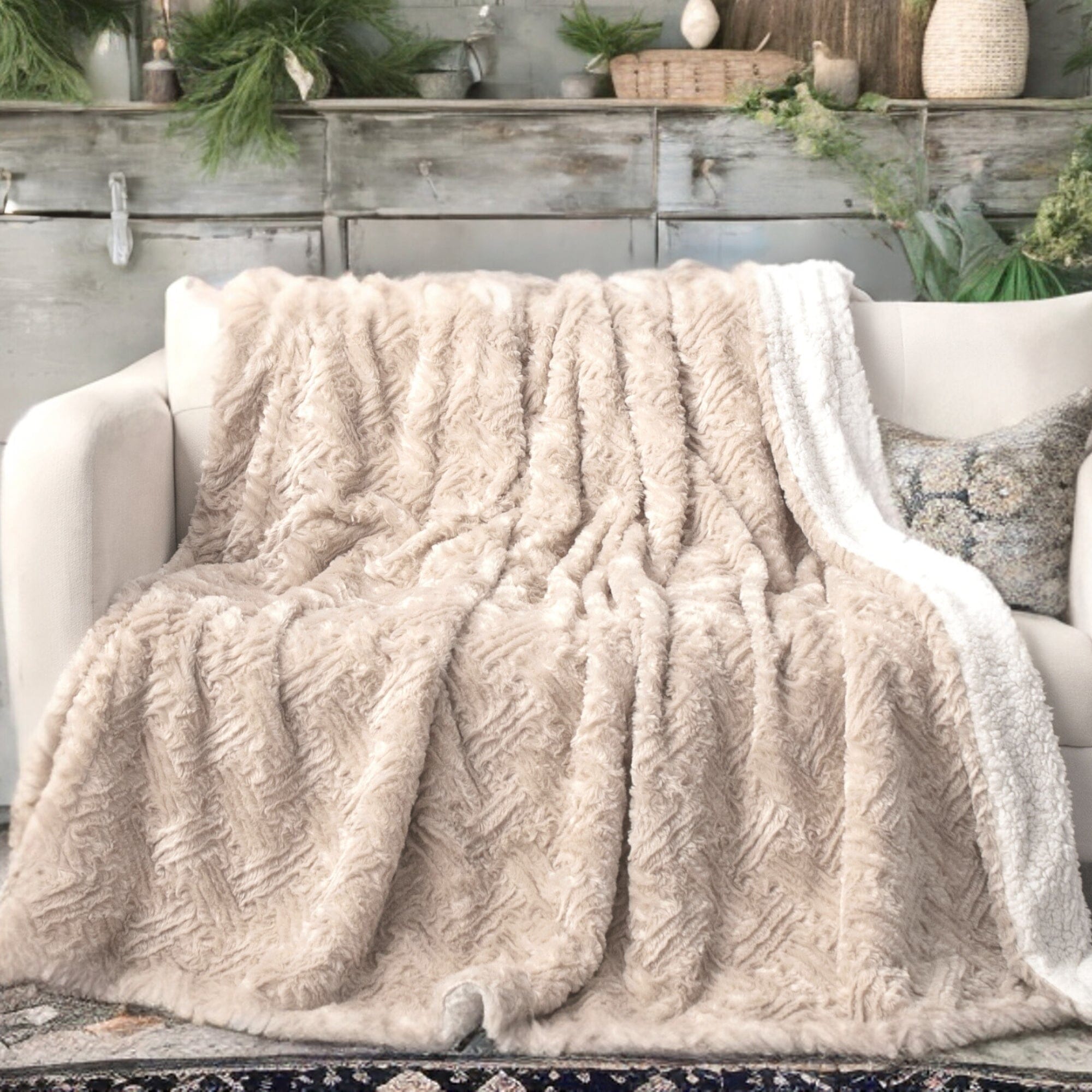 DaDalogy Bedding Champagne Ivory Faux Fur Throw Blanket - Dreamy Gold Geometric Embossed Sherpa Backside - Super Soft Warm Cozy Plush Fluffy
