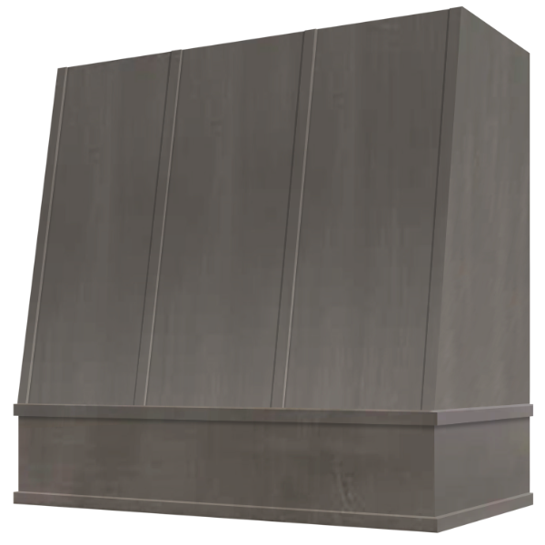 Stained Gray Wood Range Hood With Angled Strapped Front and Block Trim - 30", 36", 42", 48", 54" and 60" Widths Available