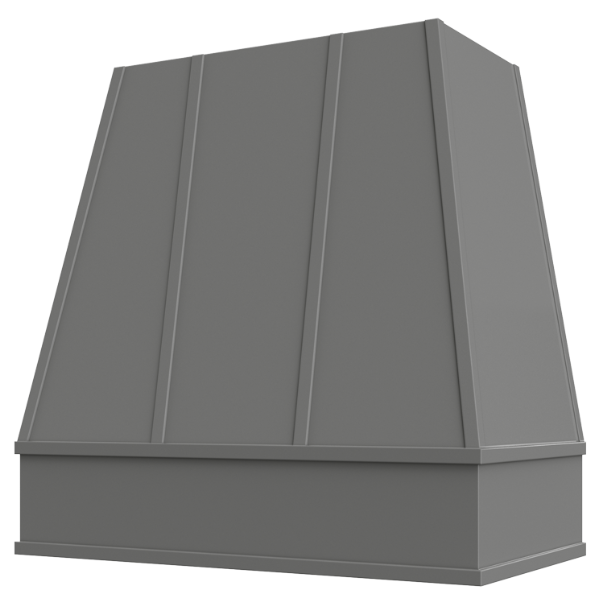 Campana extractora de madera gris con frente cónico con tiras y borde en forma de bloque: anchos disponibles de 30", 36", 42", 48", 54" y 60"