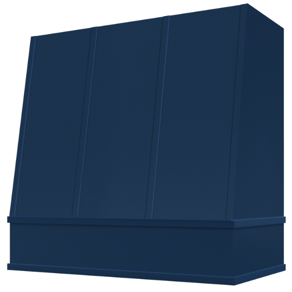 Navy Blue Wood Range Hood With Angled Strapped Front and Block Trim - 30", 36", 42", 48", 54" and 60" Widths Available