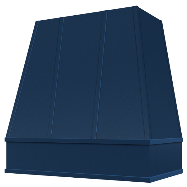 Navy Blue Wood Range Hood With Tapered Strapped Front and Block Trim - 30", 36", 42", 48", 54" and 60" Widths Available