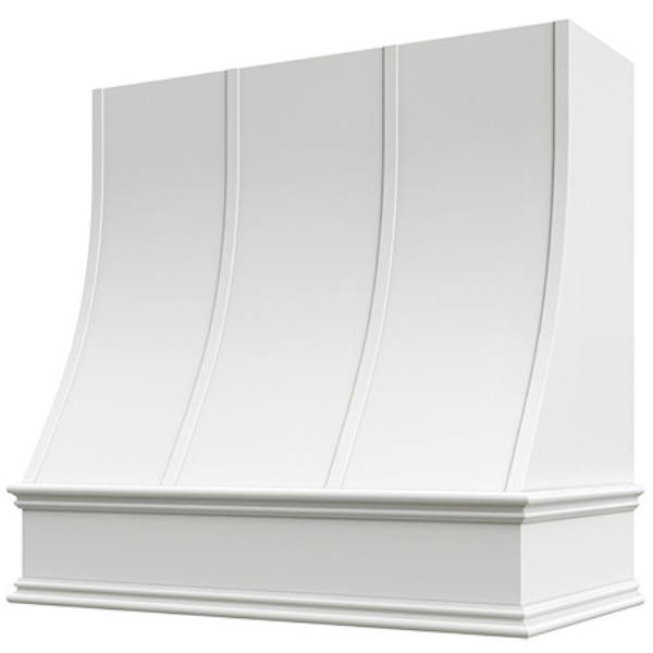 Primed Wood Range Hood With Sloped Strapped Front and Decorative Trim - 30", 36", 42", 48", 54" and 60" Widths Available
