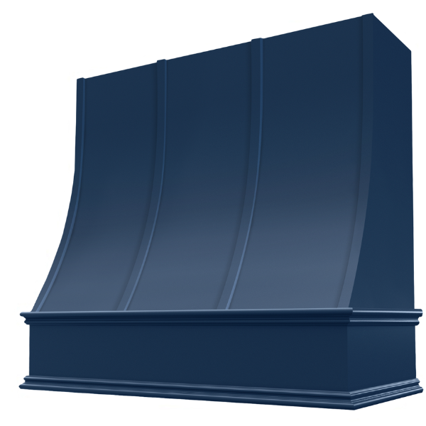 Campana extractora de madera azul marino con frente inclinado con correas y moldura decorativa: anchos disponibles de 30", 36", 42", 48", 54" y 60"