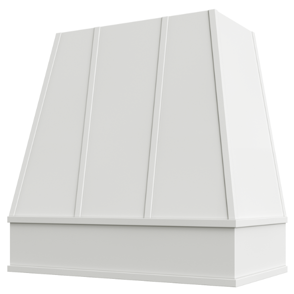 Primed Wood Range Hood With Tapered Strapped Front and Block Trim - 30", 36", 42", 48", 54" and 60" Widths Available
