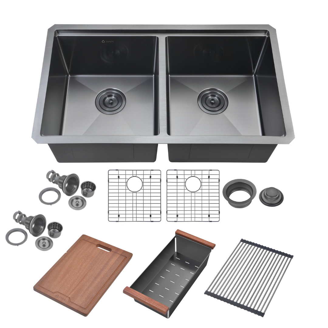 Fregadero de cocina Zeek Workstation de 32" con doble cubeta, color bronce mate y negro, para empotrar bajo encimera o sobre encimera, con accesorios y revestimiento PVD Nano Tech ENZO ZW-B509