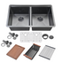Fregadero de cocina Zeek Workstation de 32" con doble cubeta, color bronce mate y negro, para empotrar bajo encimera o sobre encimera, con accesorios y revestimiento PVD Nano Tech ENZO ZW-B509