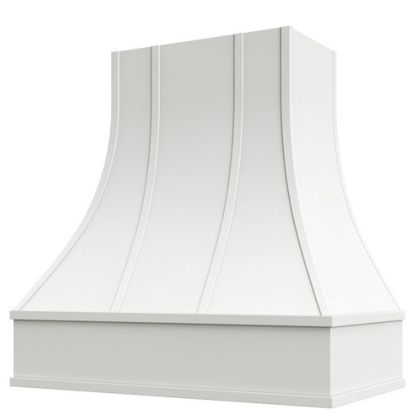White Range Hood With Curved Strapped Front and Block Trim - 30", 36", 42", 48", 54" and 60" Widths Available