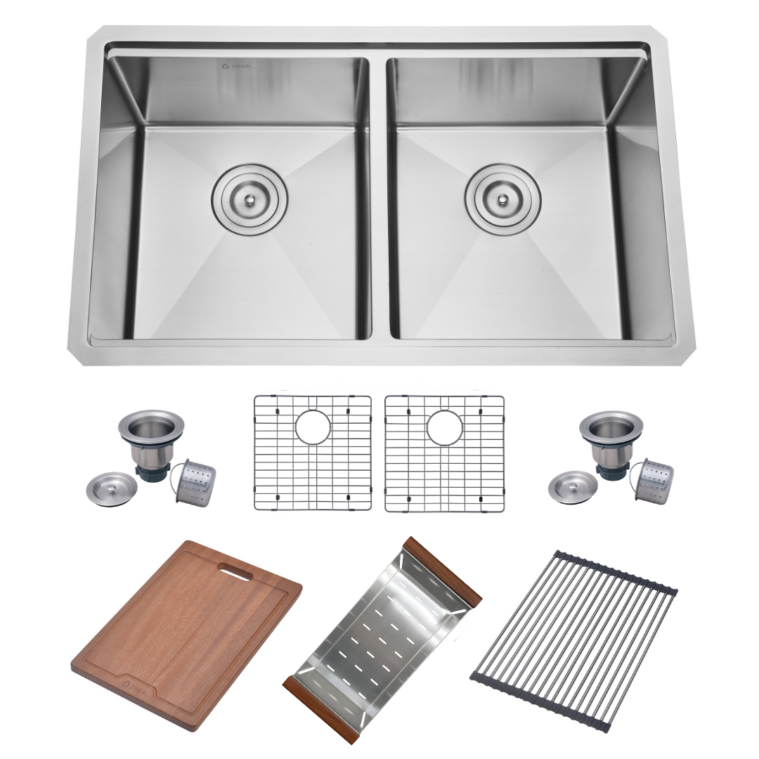 Fregadero de cocina de acero inoxidable de 32 x 19 pulgadas con doble cubeta empotrable/bajo encimera Zeek, con 50/50 cuencos y accesorios ZH-LD50