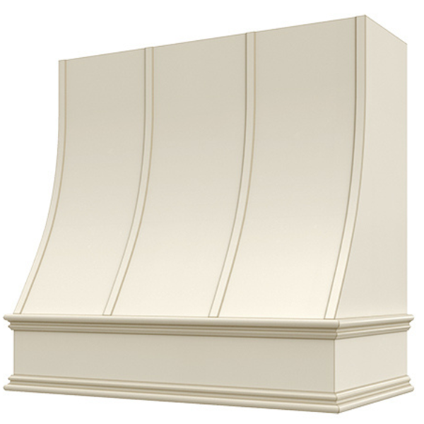 Campana extractora de madera blanca antigua con frente inclinado con tiras y moldura decorativa: anchos disponibles de 30", 36", 42", 48", 54" y 60"