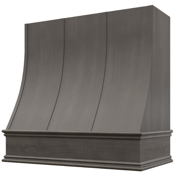 Stained Gray Wood Range Hood With Sloped Strapped Front and Decorative Trim - 30", 36", 42", 48", 54" and 60" Widths Available