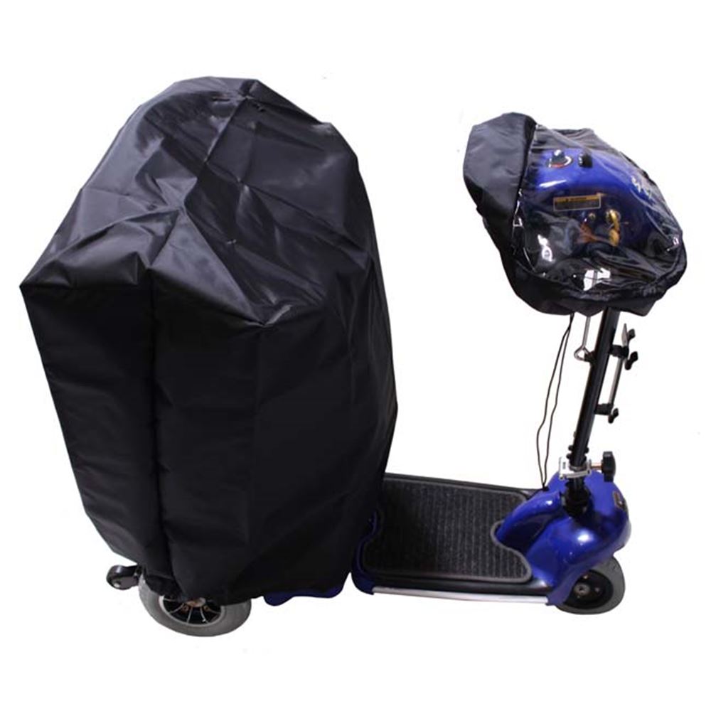 Black scooter cover on a blue scooter against a white background