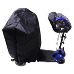 Black scooter cover on a blue scooter against a white background