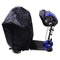 Black scooter cover on a blue scooter against a white background