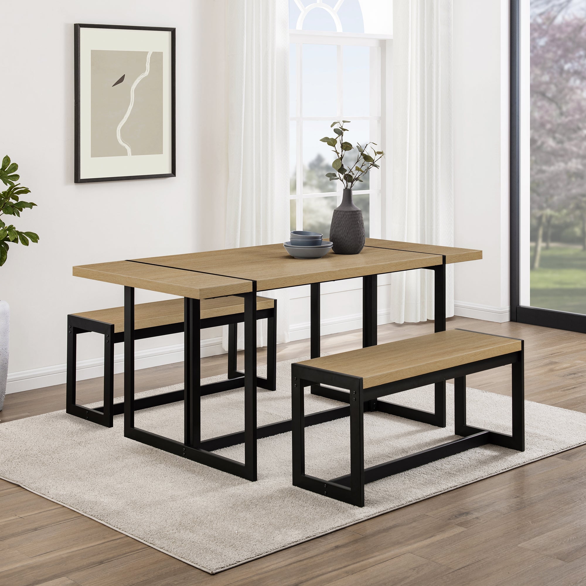 Juego de comedor rectangular de madera y metal de tres piezas de estilo industrial moderno Vance
