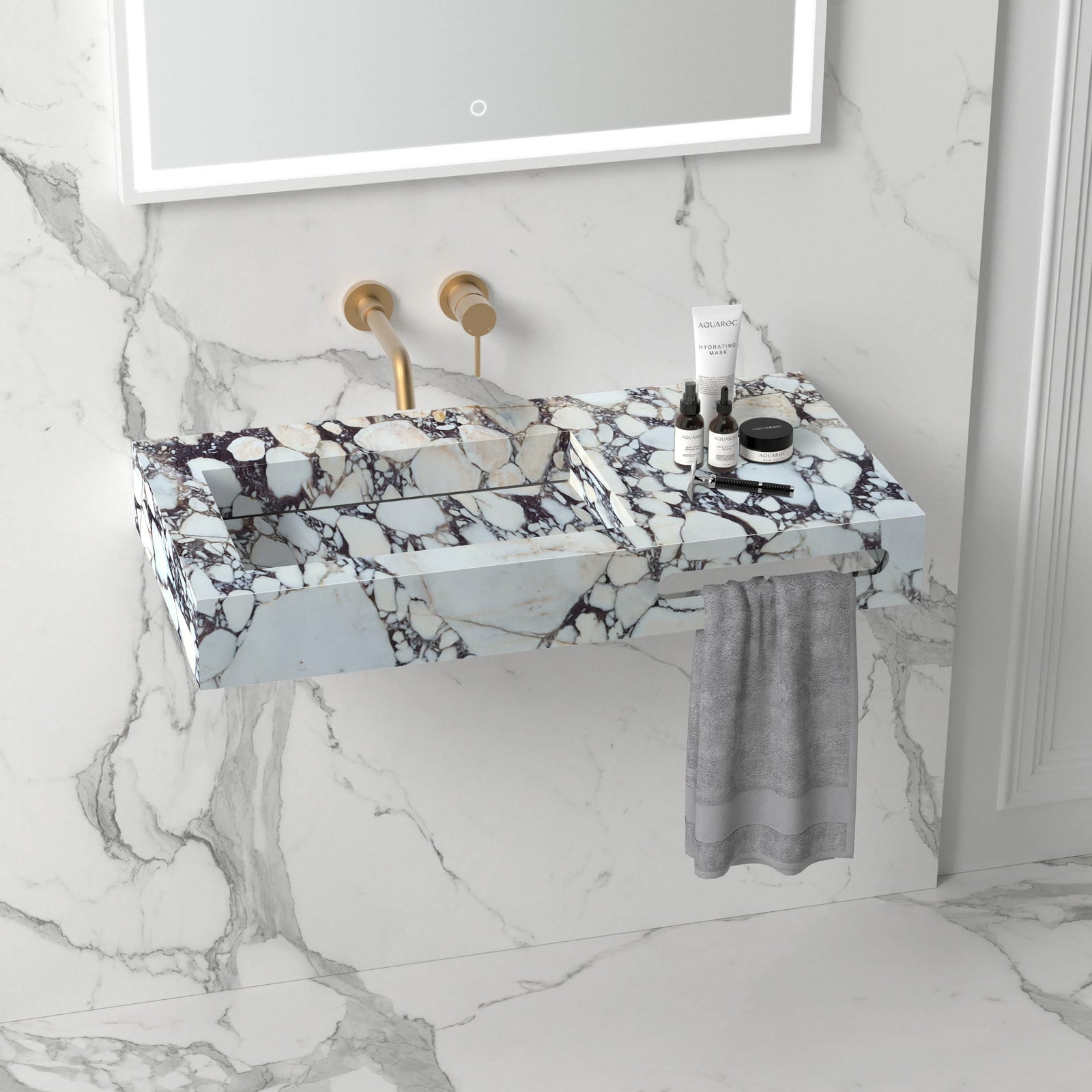 Lavabo de baño de pared de mármol Calacatta Viola con desagüe oculto y toallero