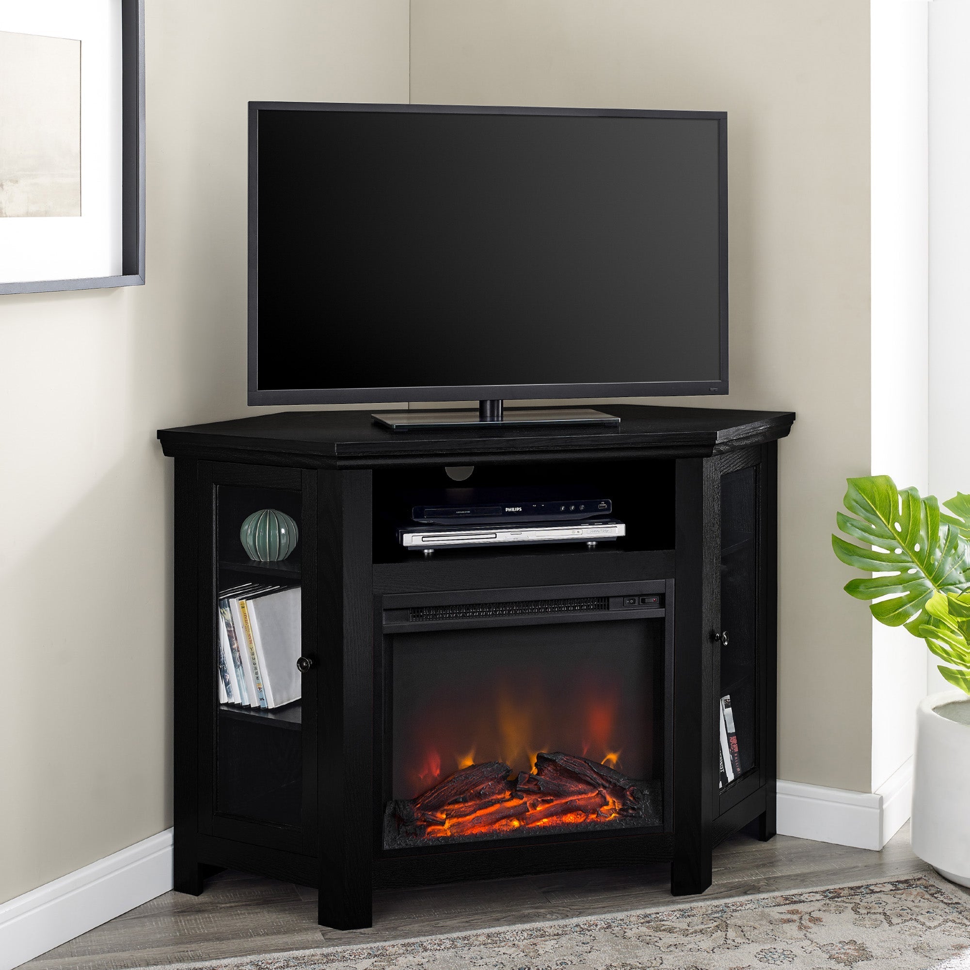 Mueble de TV de esquina con chimenea de madera de 48" de estilo granero