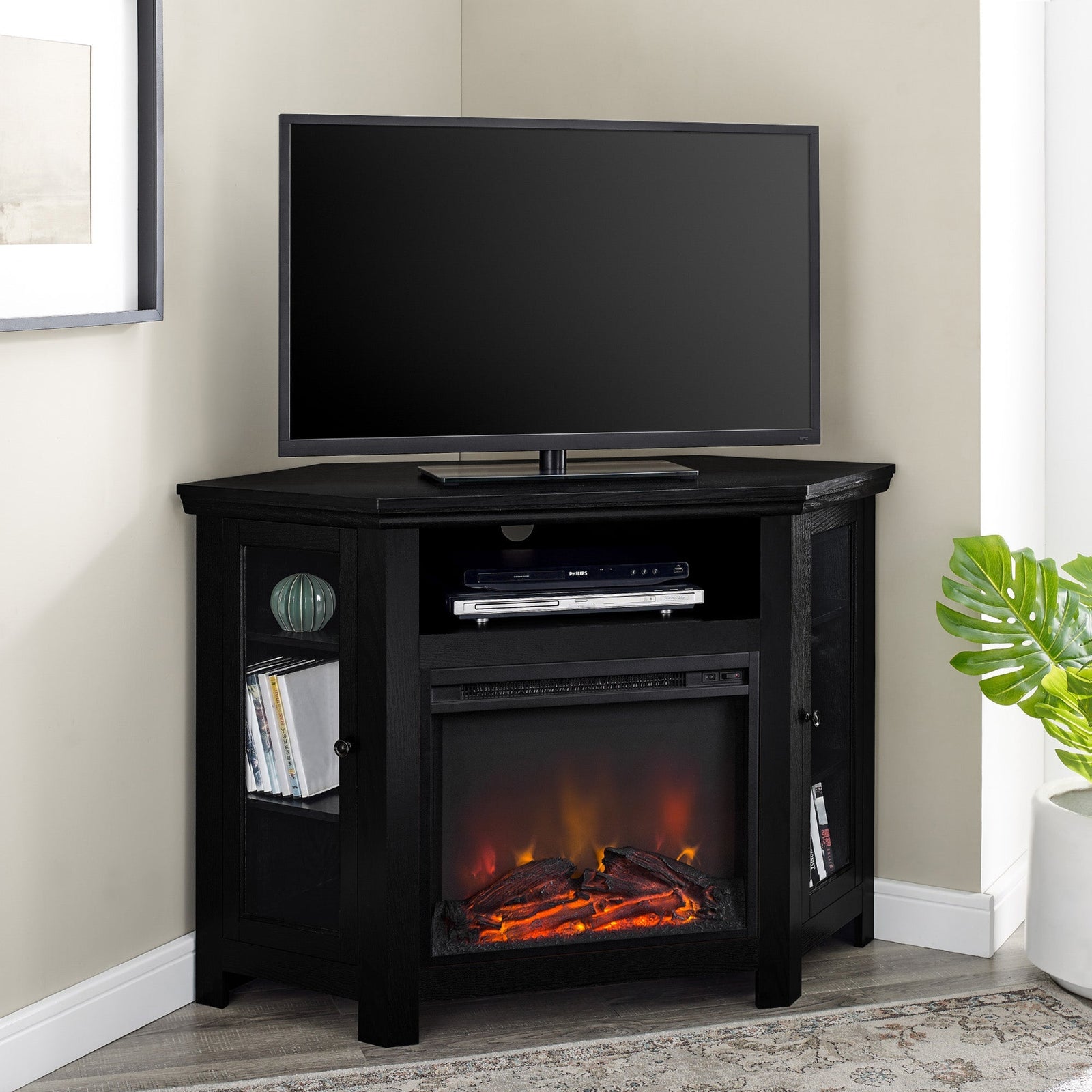 Mueble de TV de esquina con chimenea de madera de 48