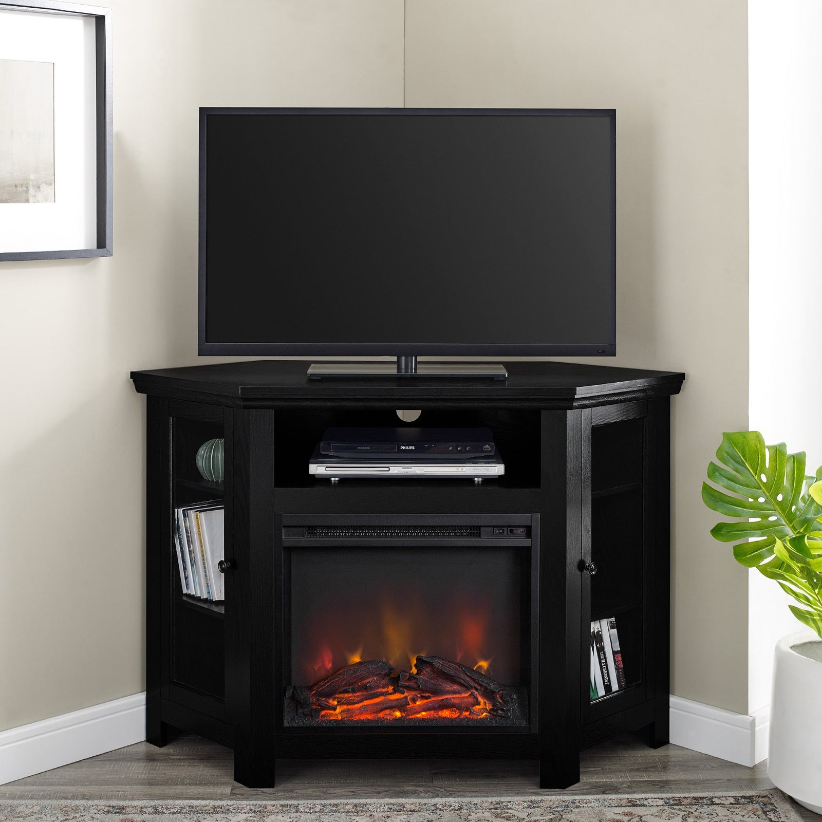 Mueble de TV de esquina con chimenea de madera de 48