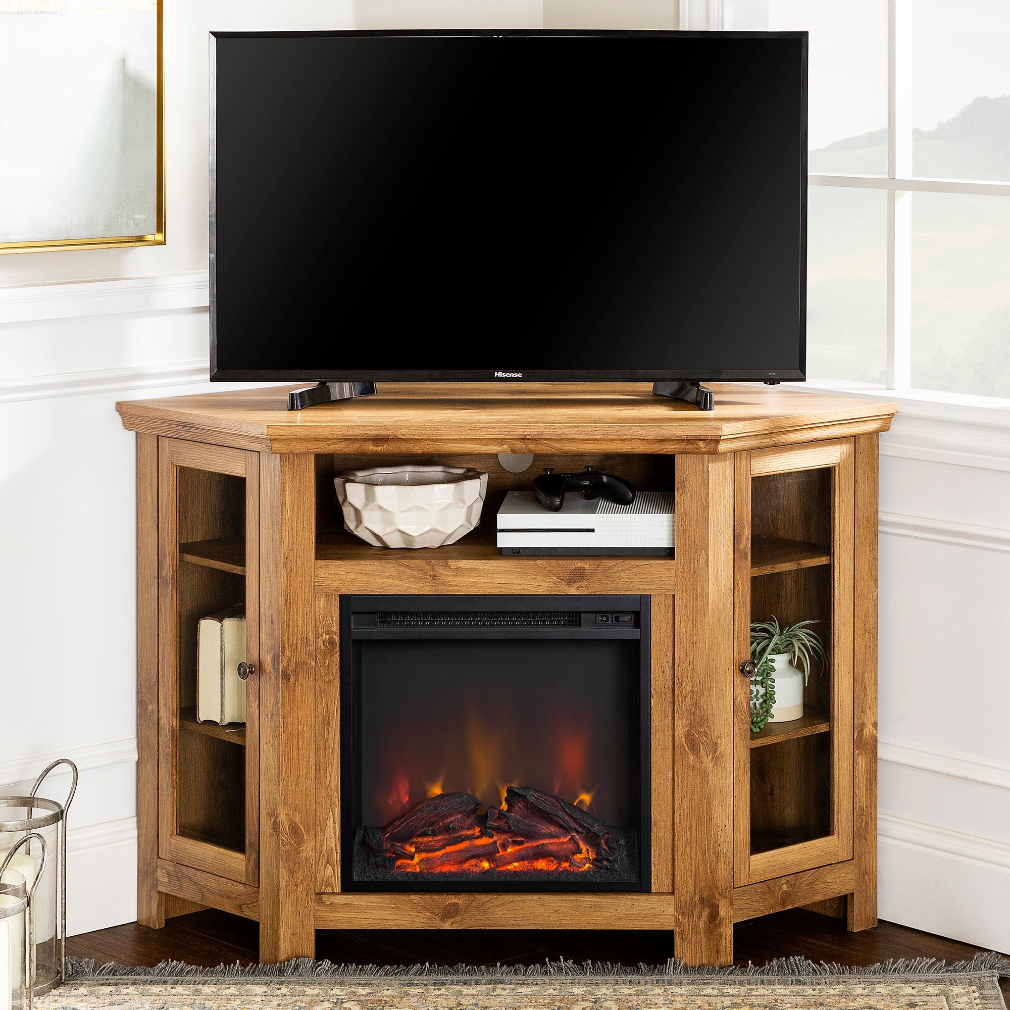 Mueble de TV de esquina con chimenea de madera de 48" de estilo granero