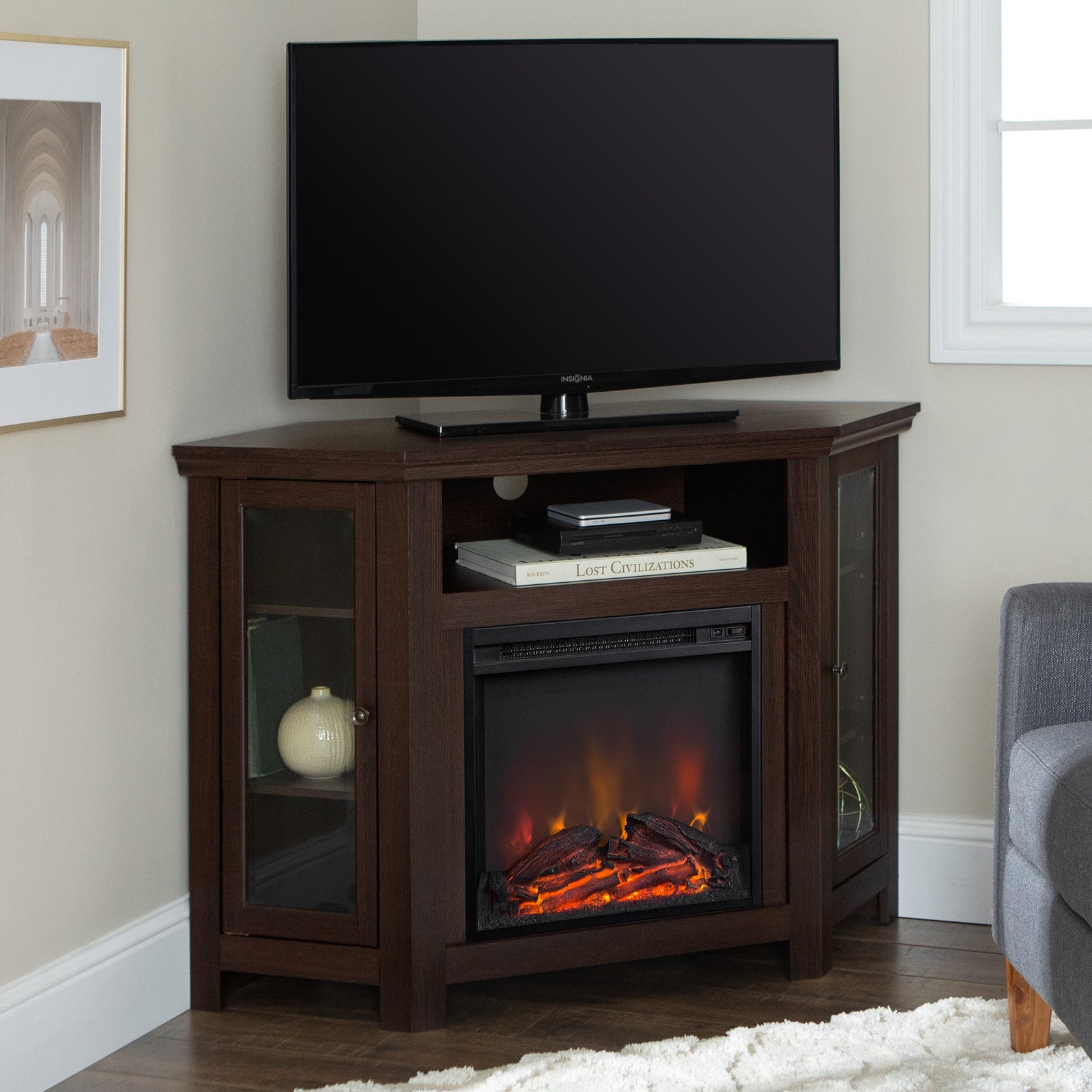 Mueble de TV de esquina con chimenea de madera de 48