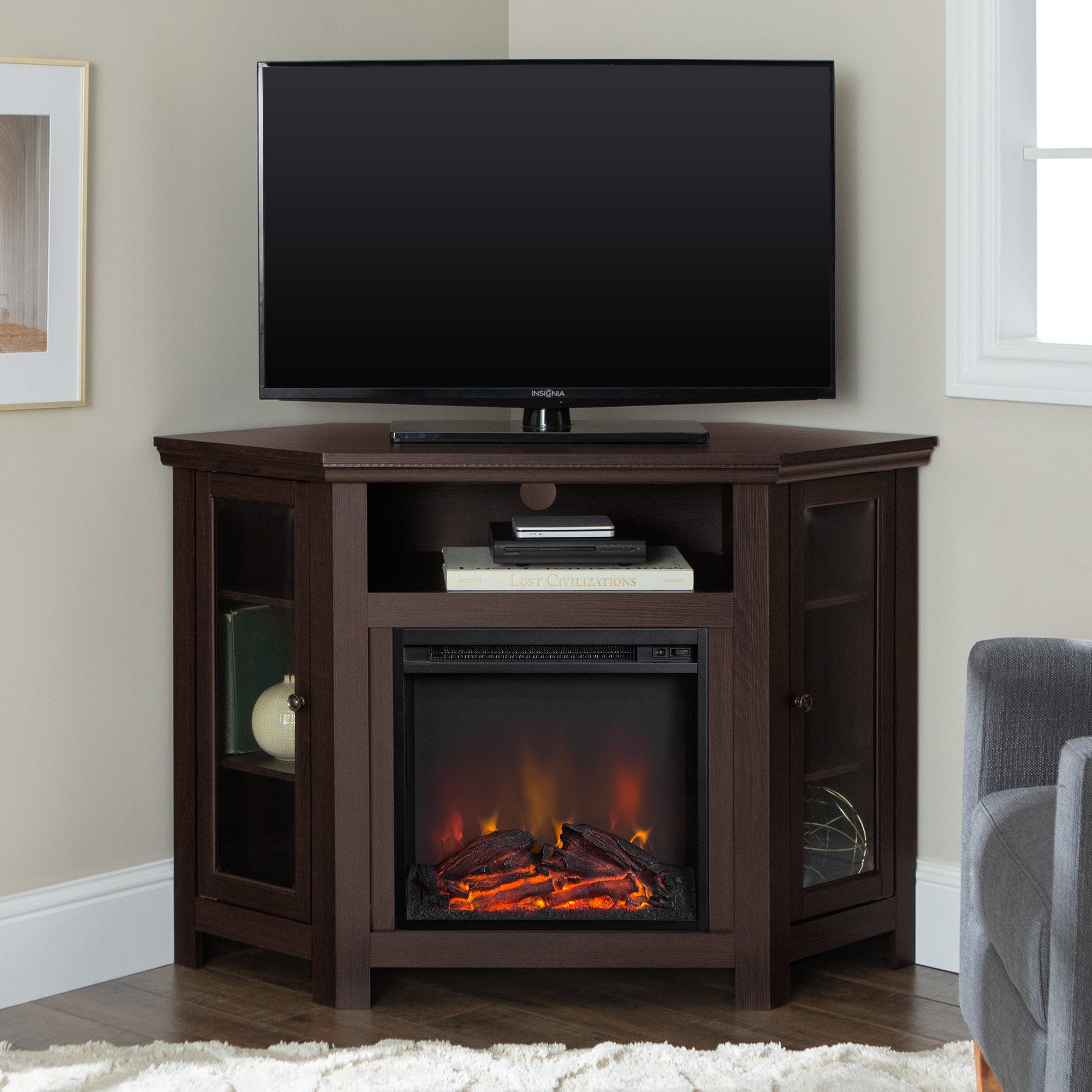 Mueble de TV de esquina con chimenea de madera de 48" de estilo granero