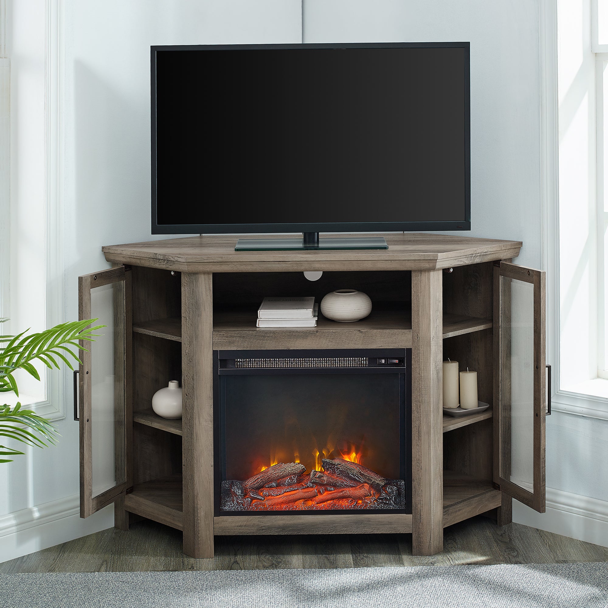 Mueble de TV de esquina con chimenea de madera de 48" de estilo granero