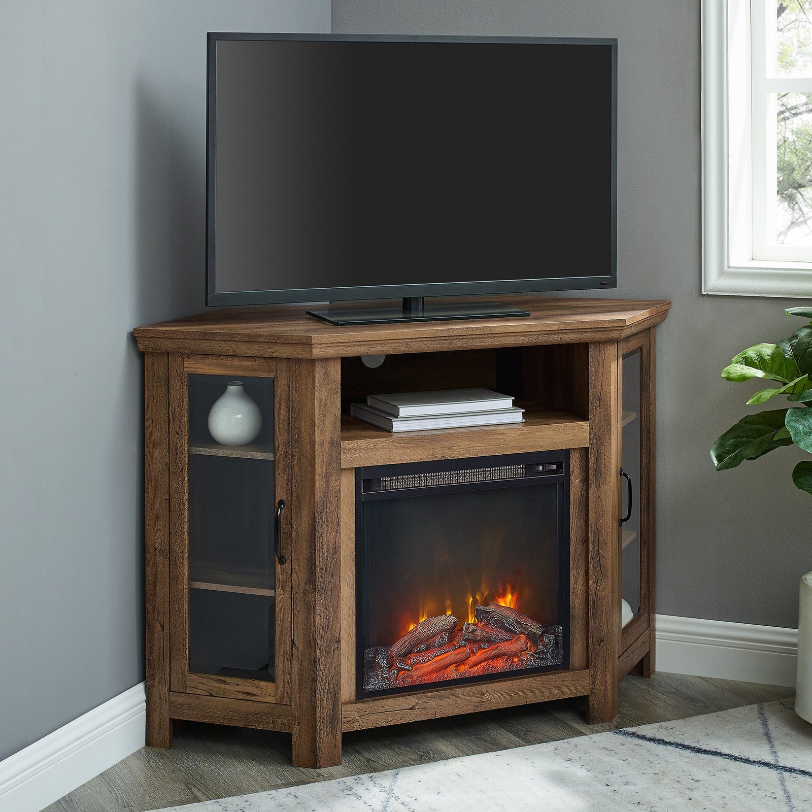 Mueble de TV de esquina con chimenea de madera de 48