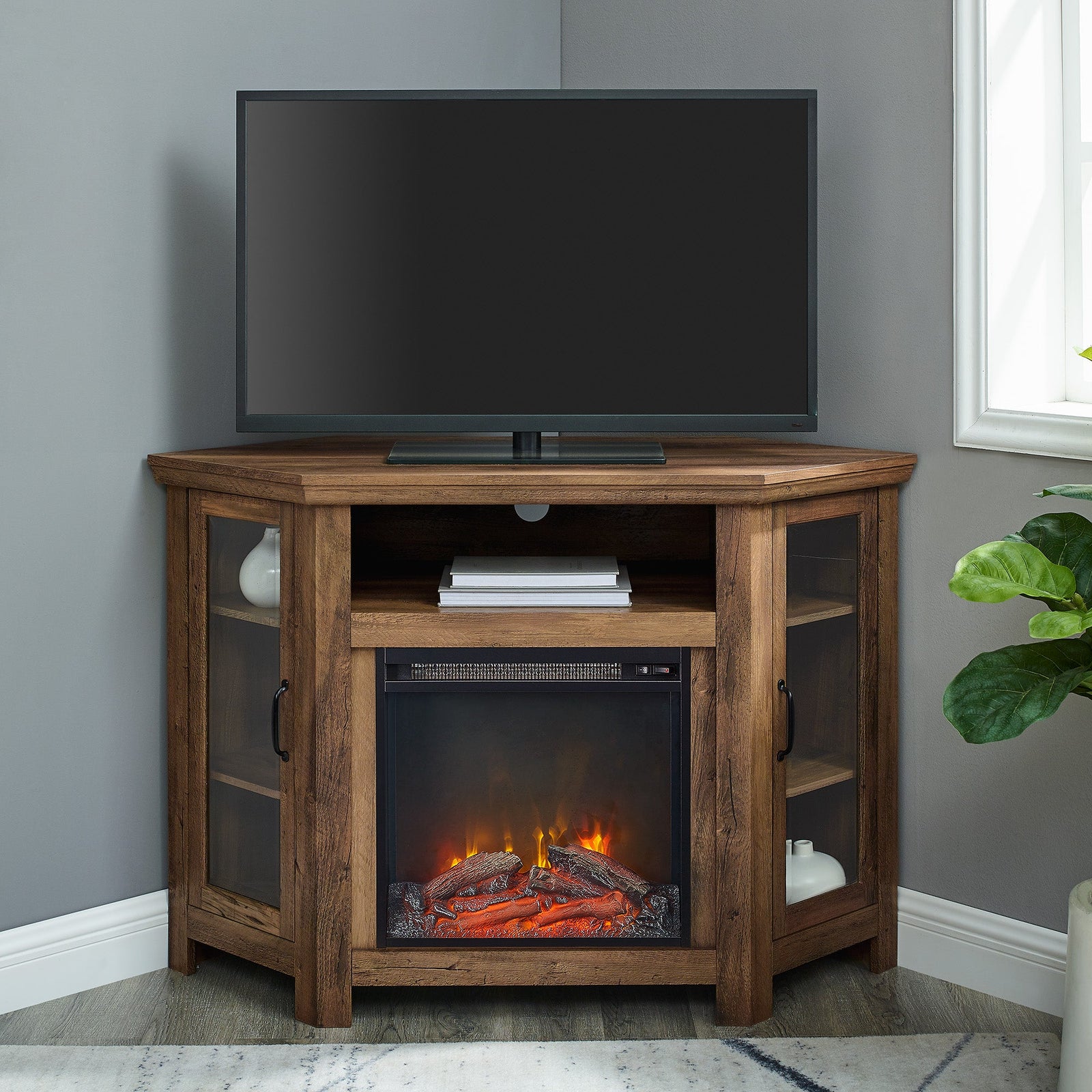 Mueble de TV de esquina con chimenea de madera de 48
