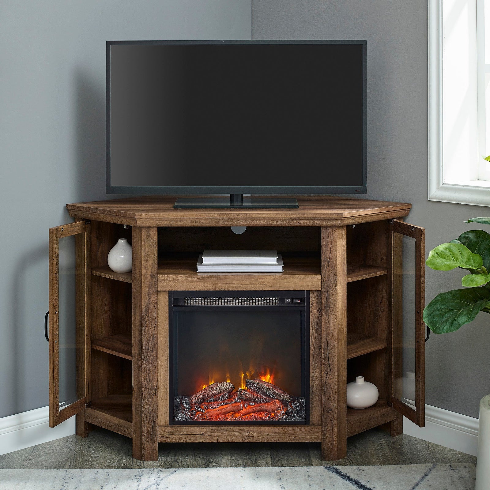 Mueble de TV de esquina con chimenea de madera de 48