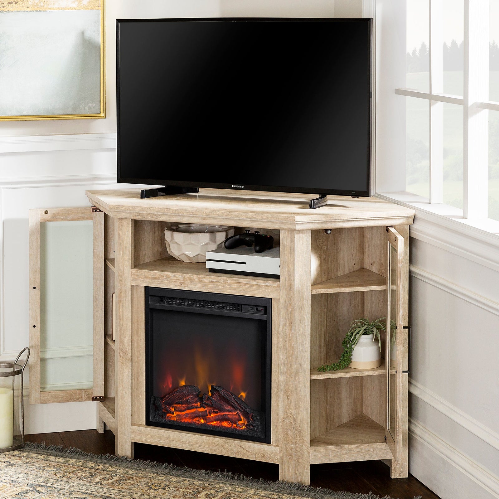 Mueble de TV de esquina con chimenea de madera de 48