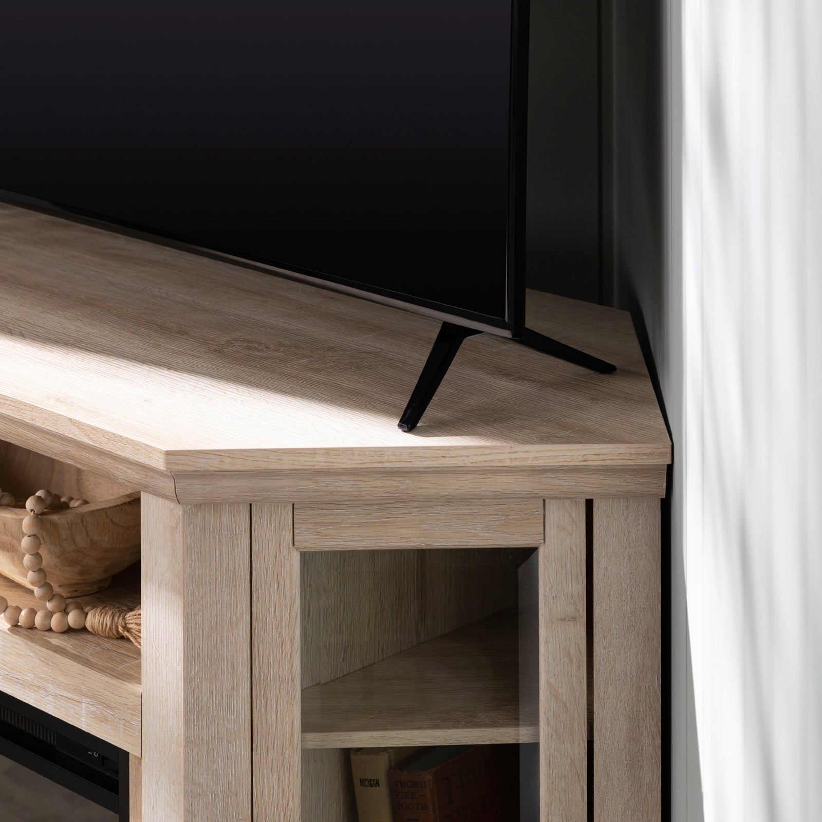 Mueble de TV de esquina con chimenea de madera de 48