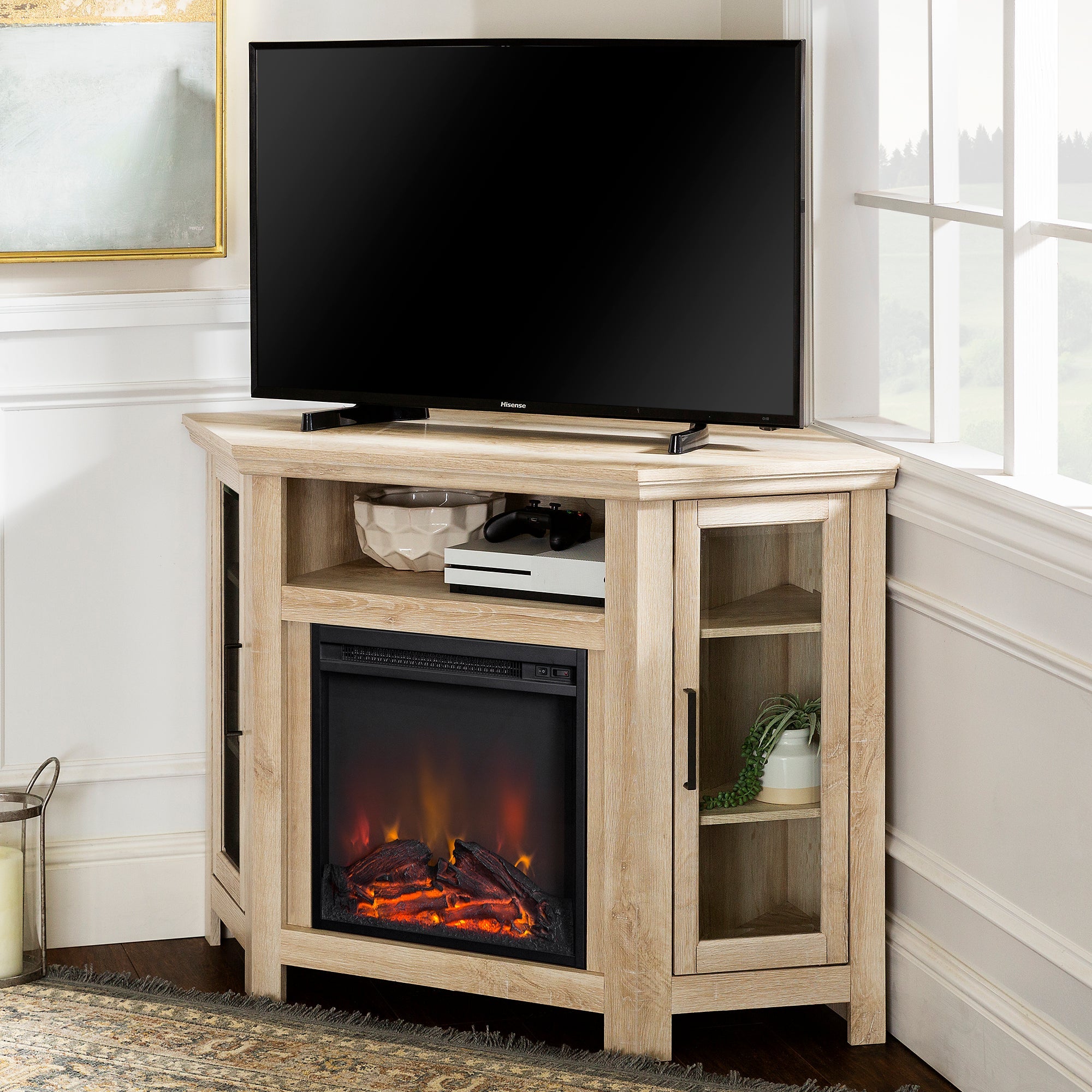 Mueble de TV de esquina con chimenea de madera de 48" de estilo granero