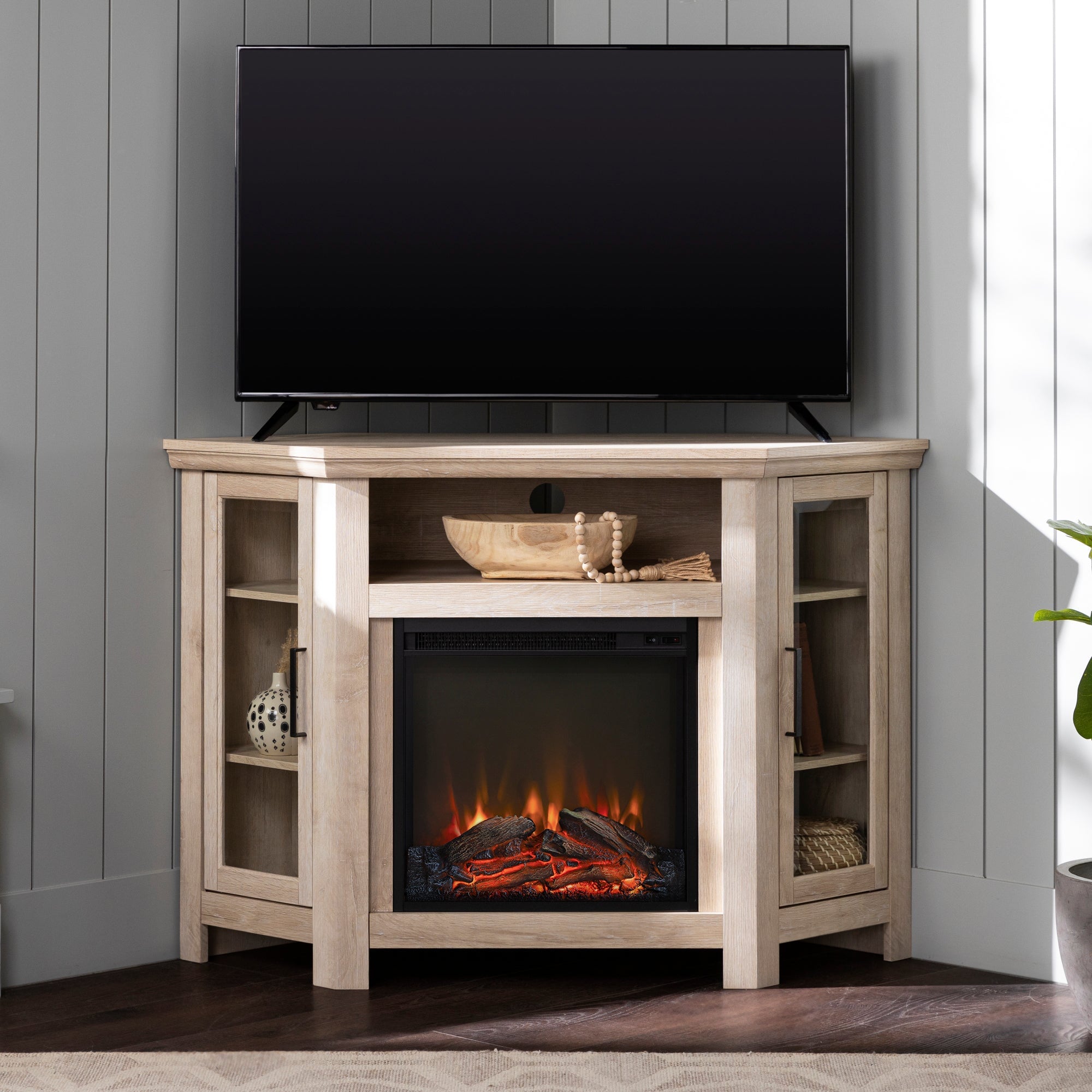 Mueble de TV de esquina con chimenea de madera de 48" de estilo granero