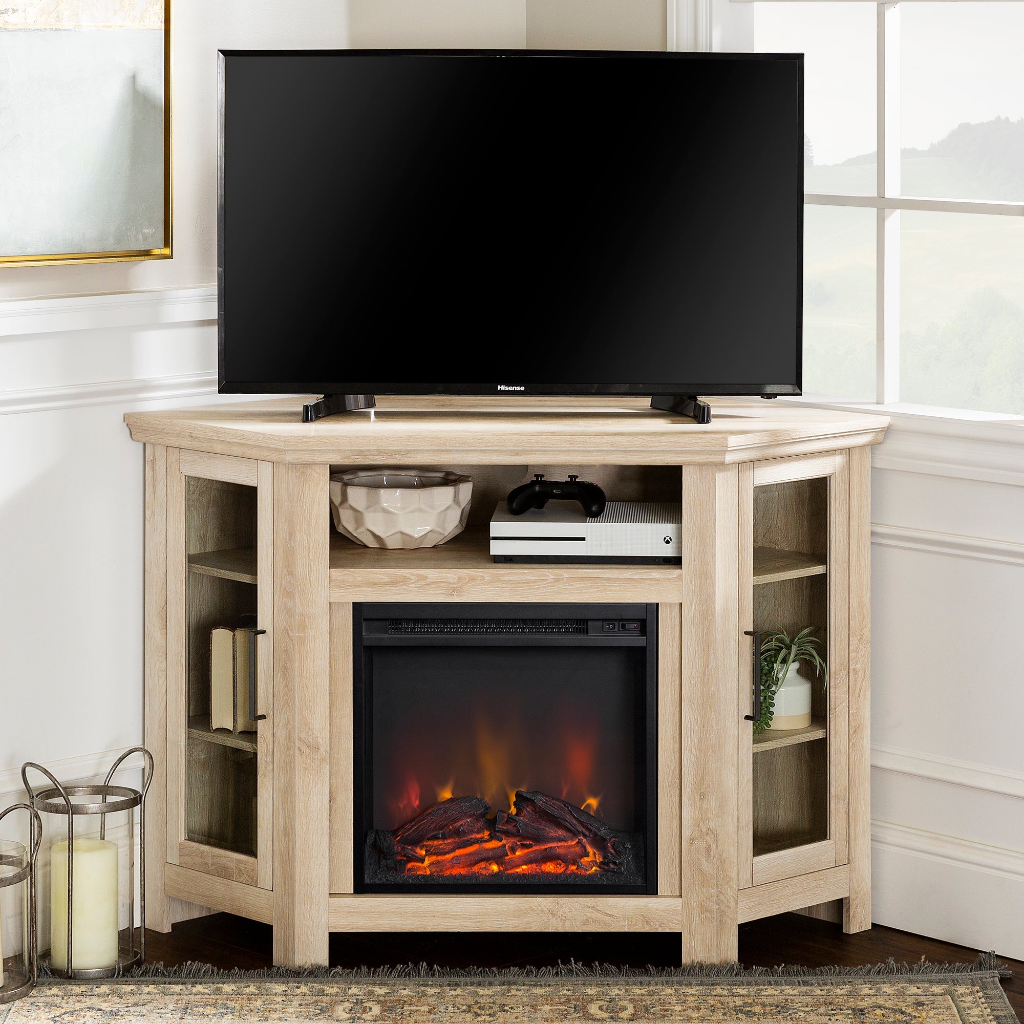 Mueble de TV de esquina con chimenea de madera de 48" de estilo granero