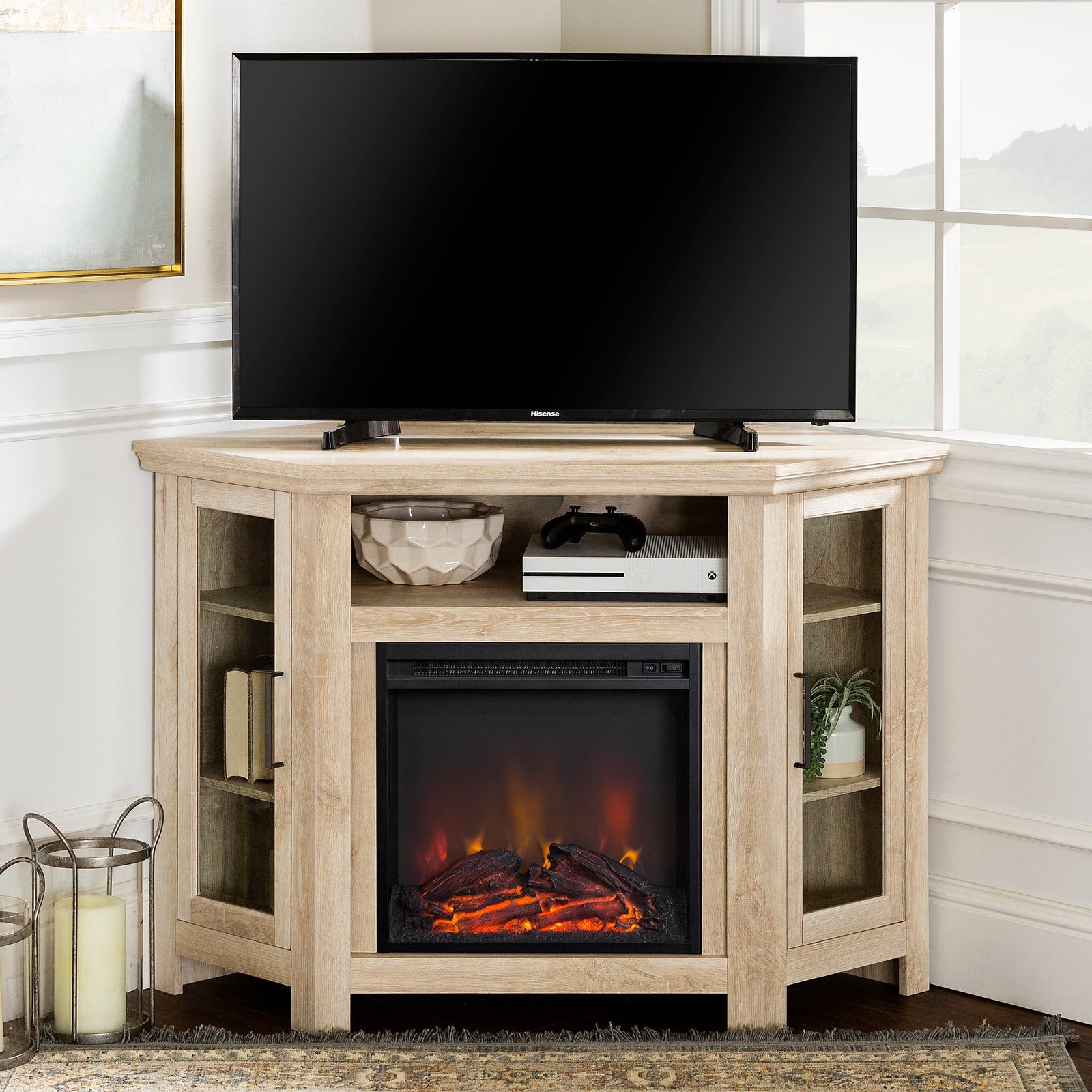 Mueble de TV de esquina con chimenea de madera de 48
