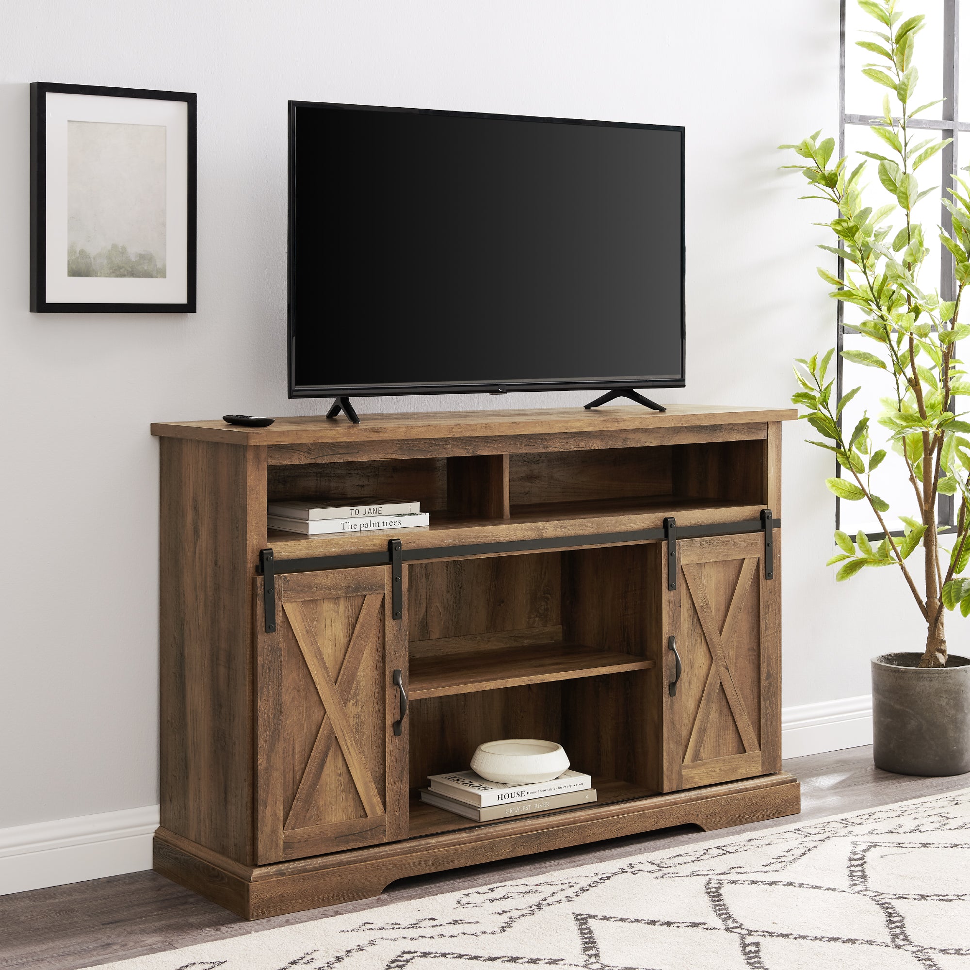 Mueble de TV moderno tipo highboy con puerta corrediza estilo granero de 52" de estilo rústico