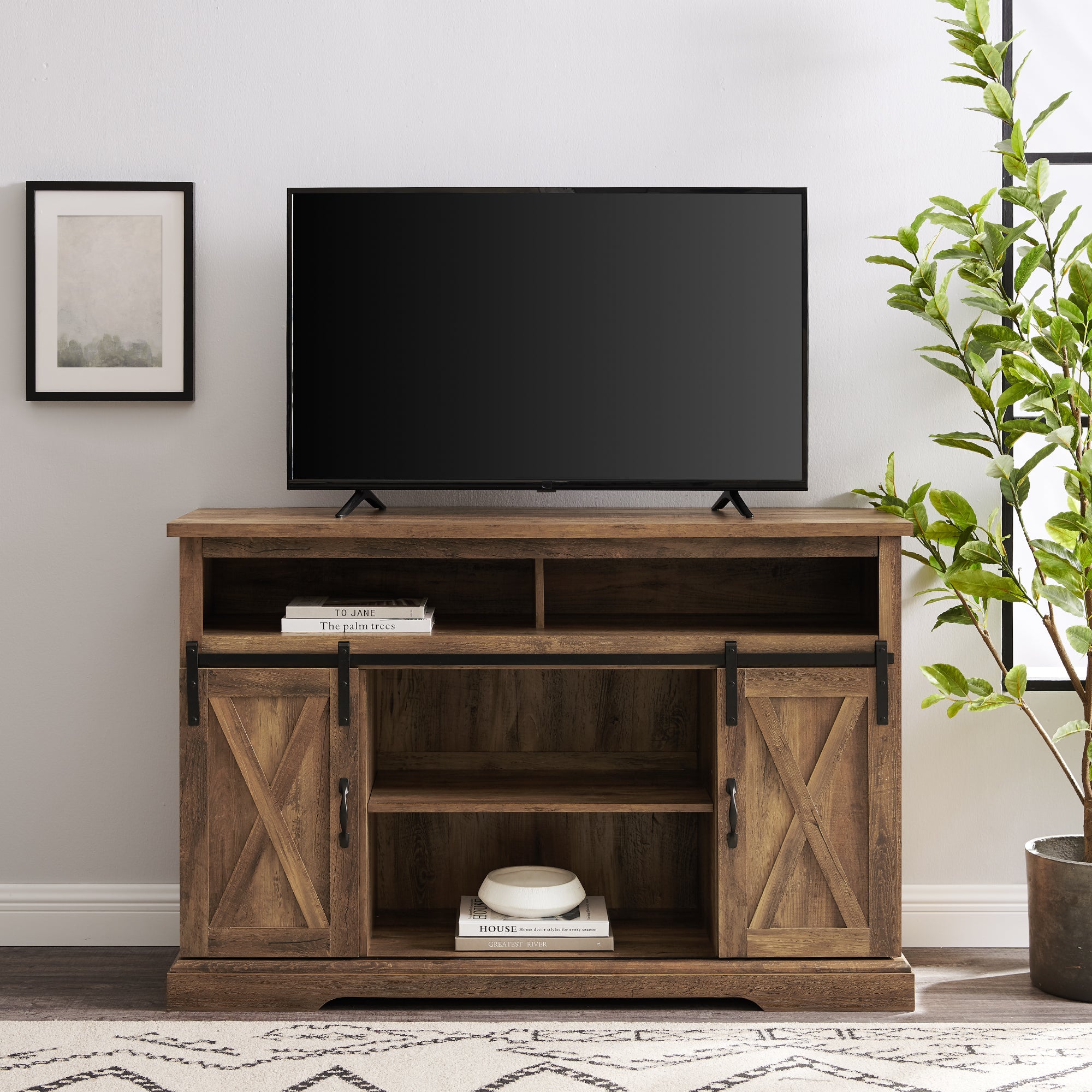 Mueble de TV moderno tipo highboy con puerta corrediza estilo granero de 52" de estilo rústico
