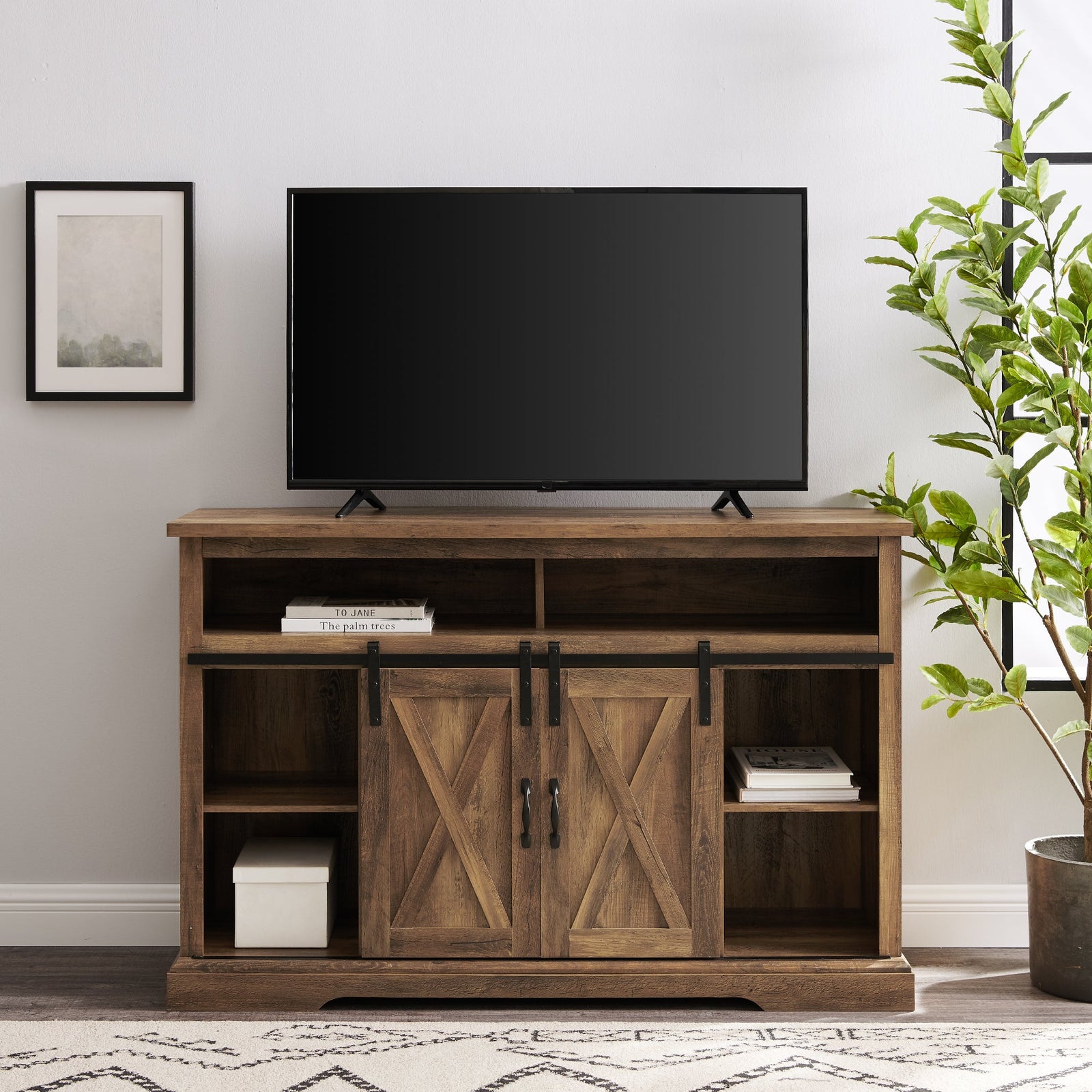 Mueble de TV moderno tipo highboy con puerta corrediza estilo granero de 52
