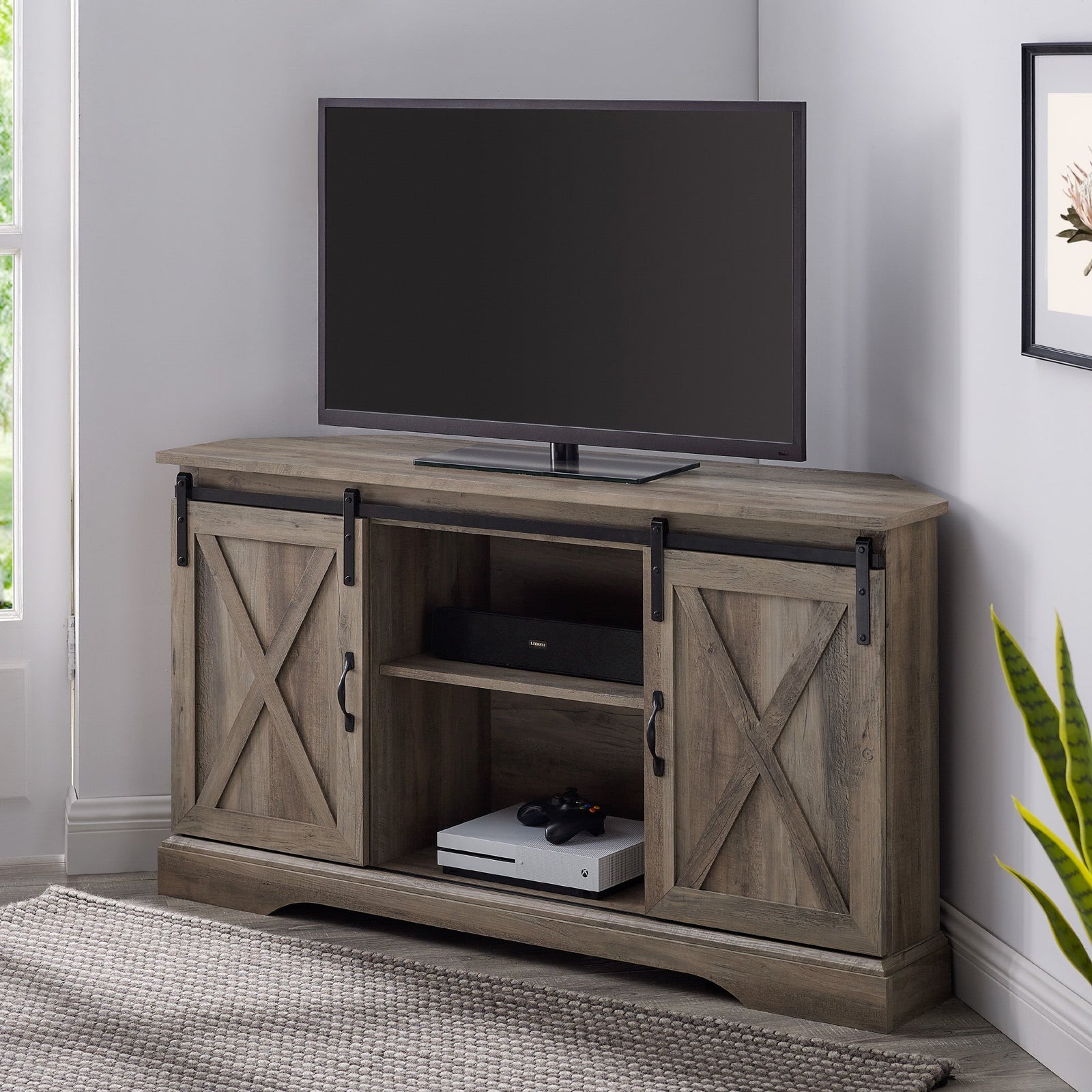 Mueble de TV de esquina con puerta corrediza de granero de 52