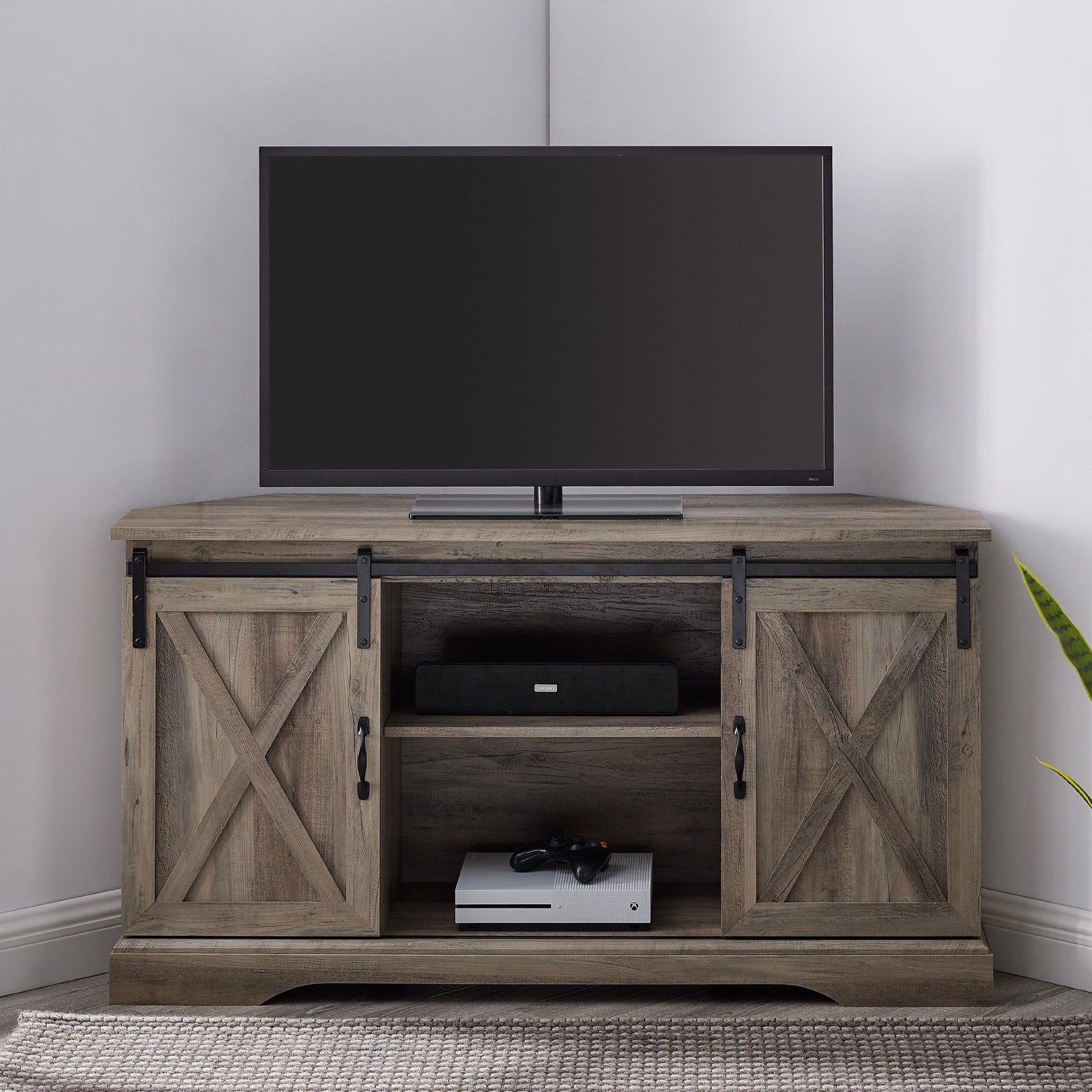 Mueble de TV de esquina con puerta corrediza de granero de 52