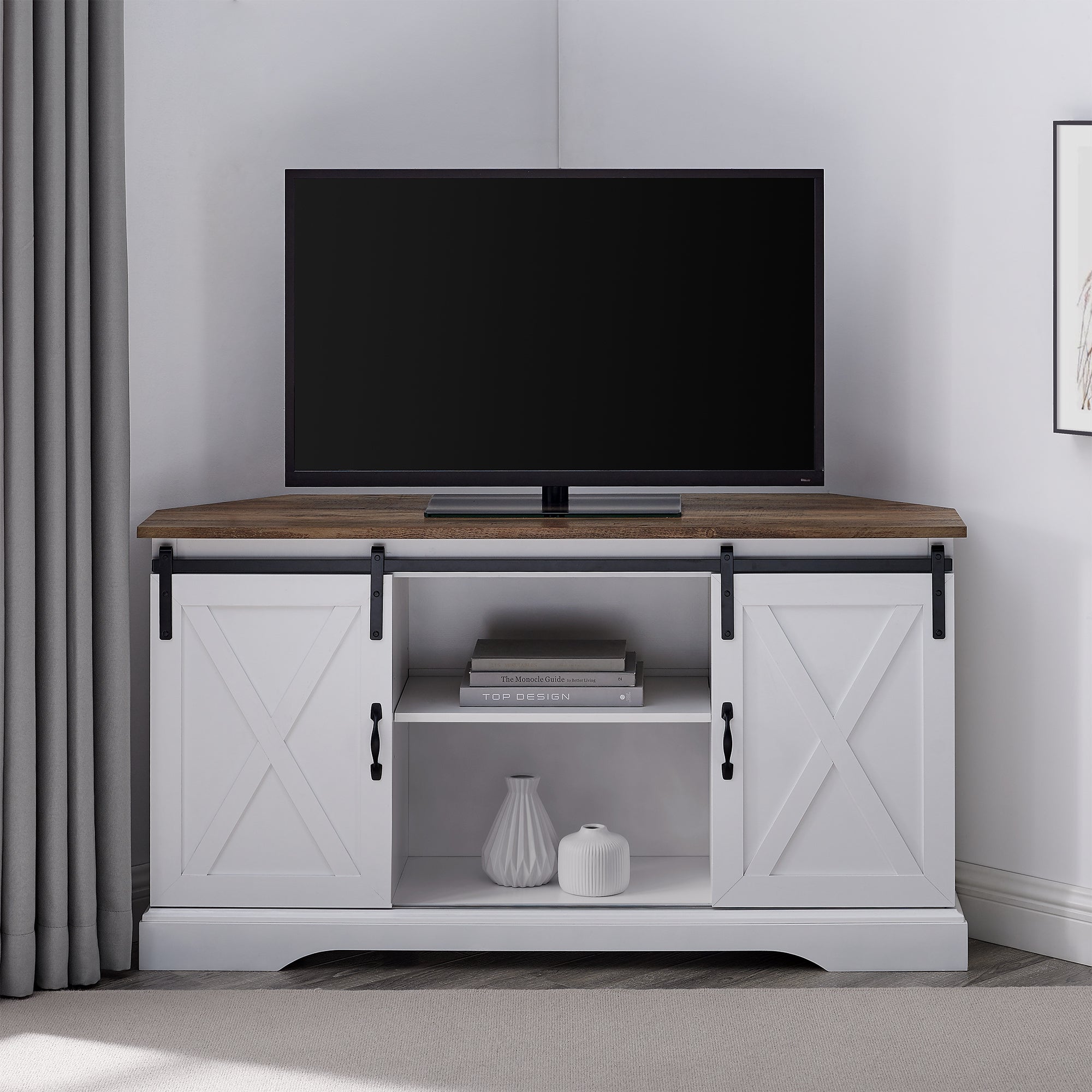 Mueble de TV de esquina con puerta corrediza de granero de 52"