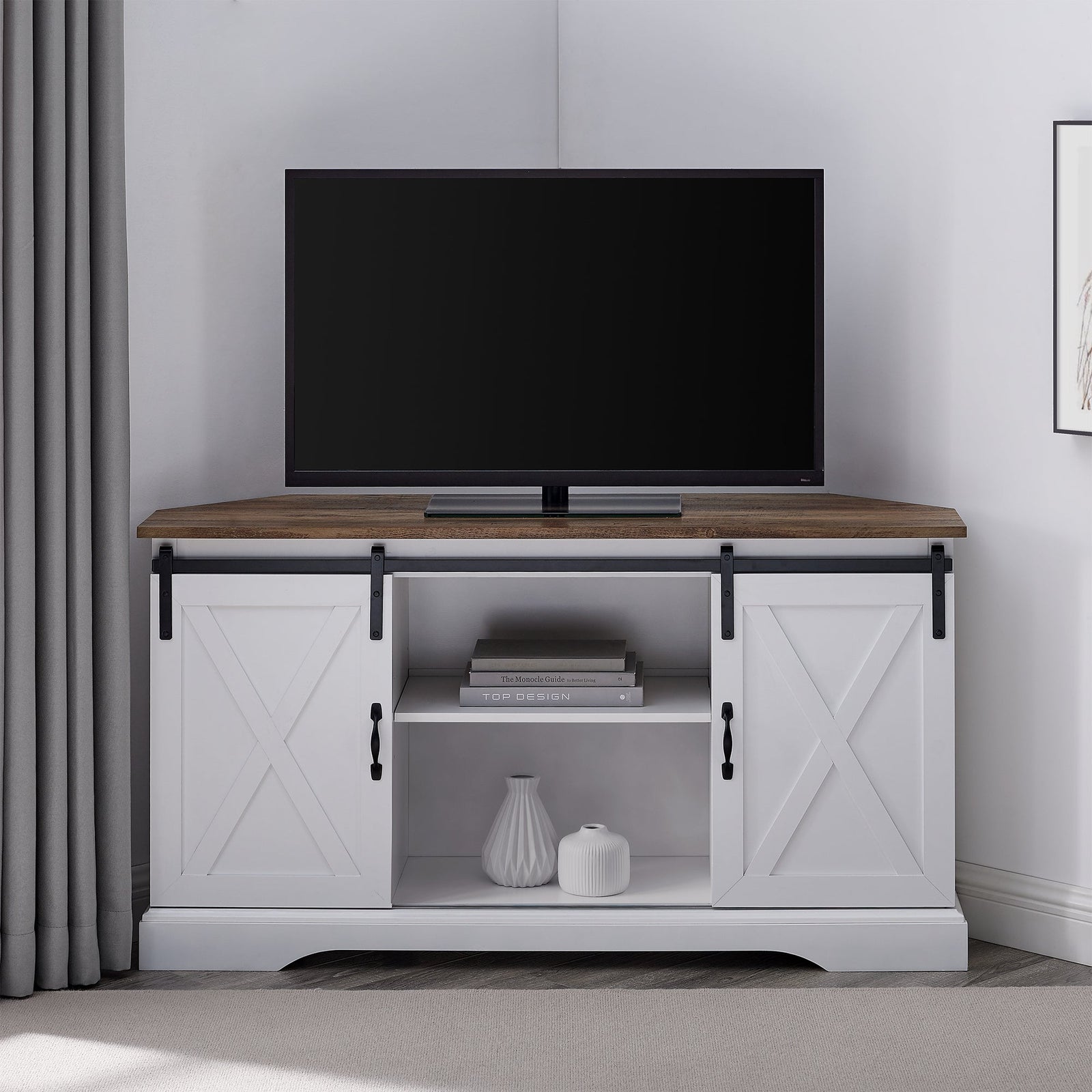 Mueble de TV de esquina con puerta corrediza de granero de 52