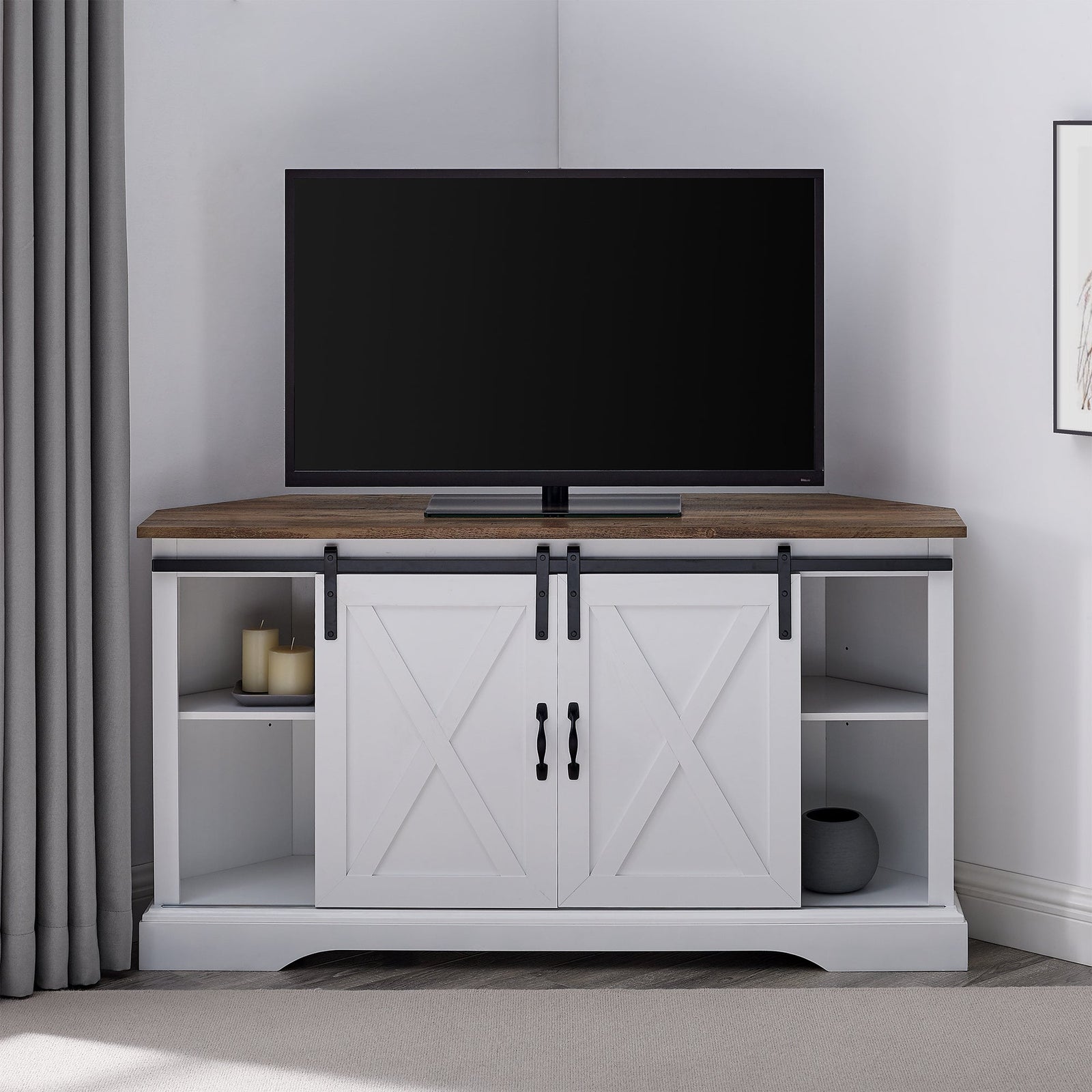 Mueble de TV de esquina con puerta corrediza de granero de 52