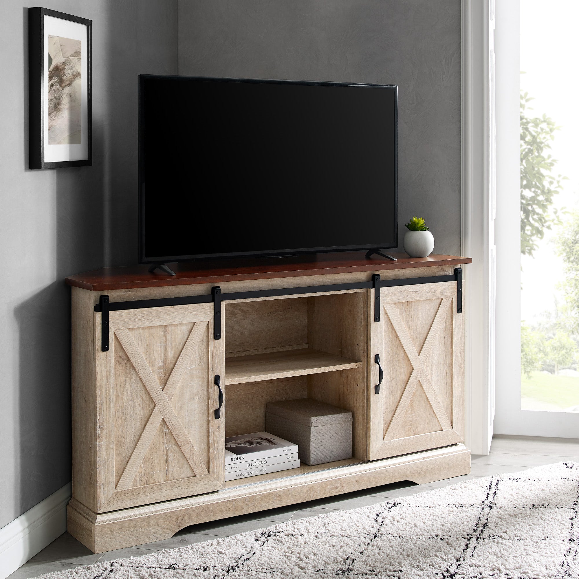 Mueble de TV de esquina con puerta corrediza de granero de 52"