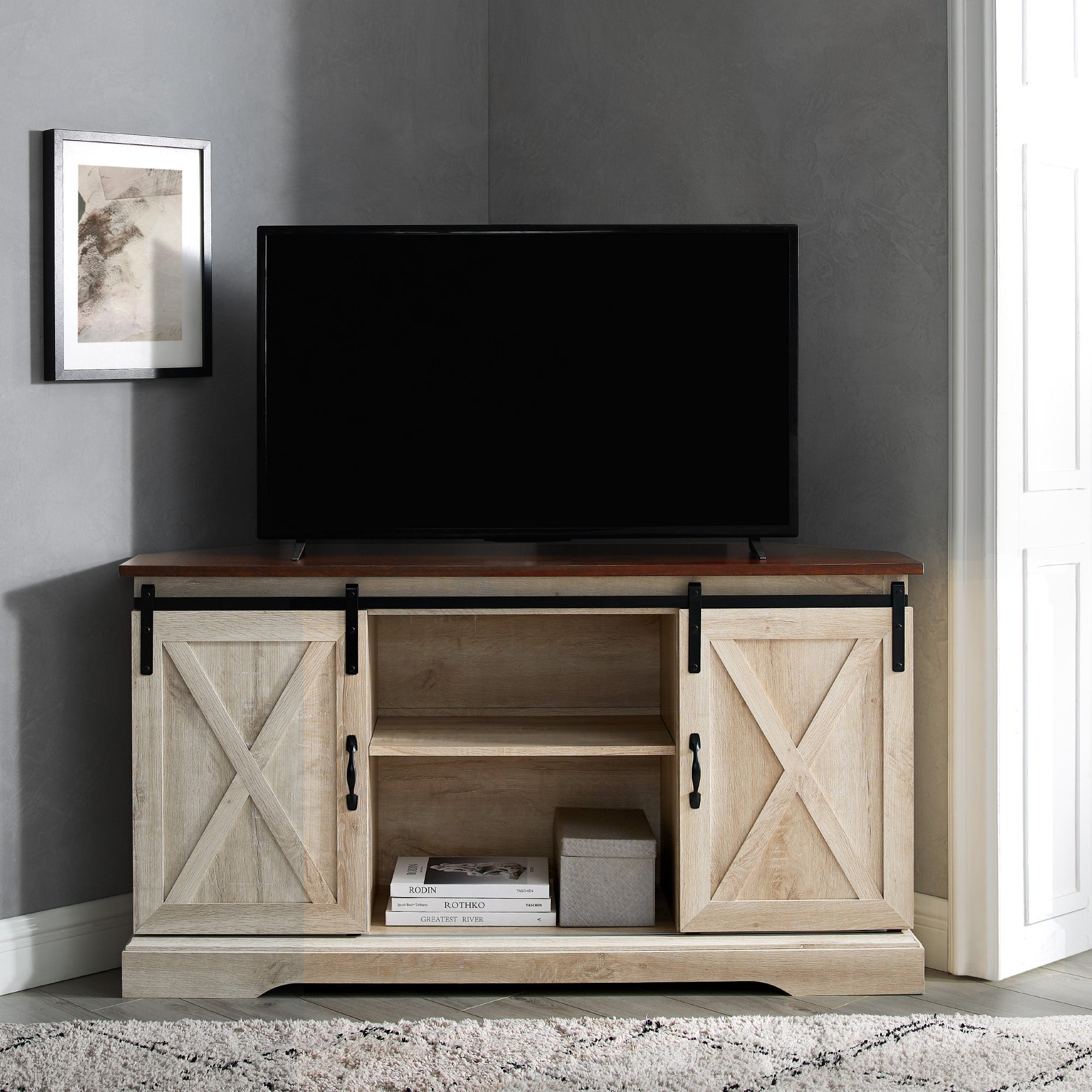 Mueble de TV de esquina con puerta corrediza de granero de 52"