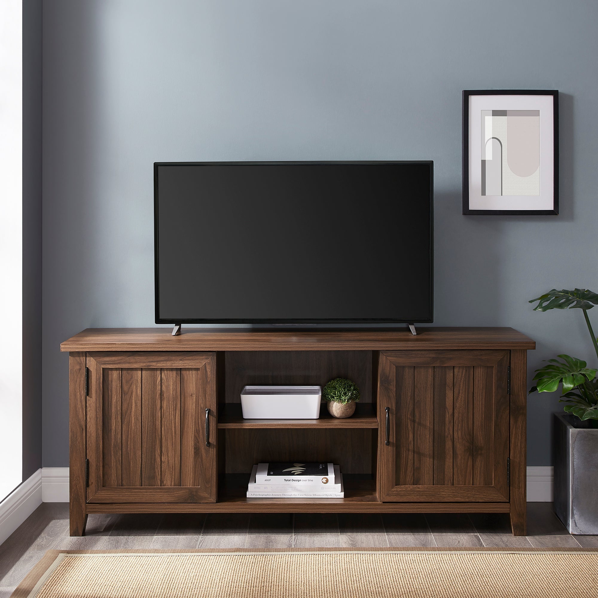 Mueble de TV de 2 puertas con ranuras moderno de 58" de estilo rústico