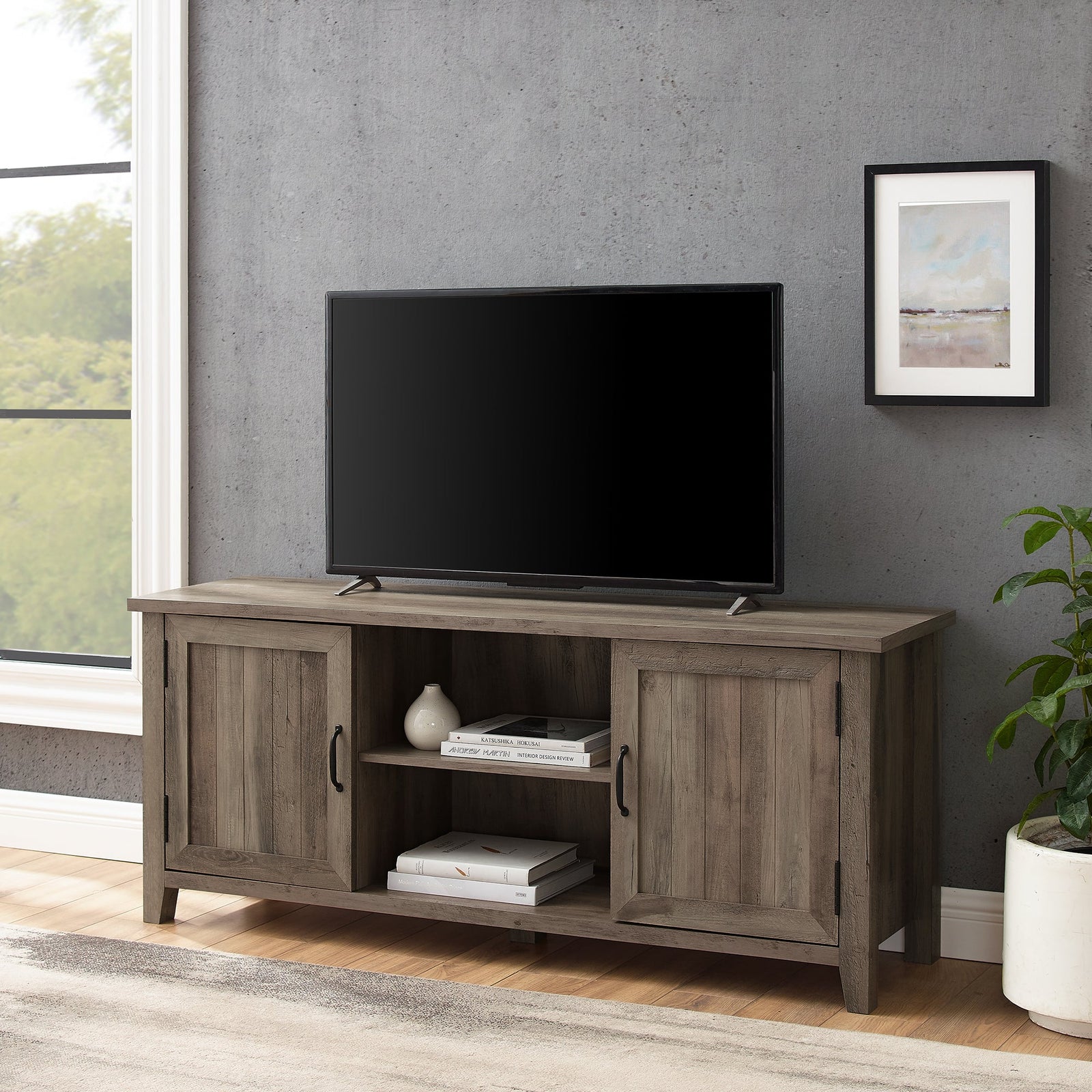 Mueble de TV de 2 puertas con ranuras moderno de 58