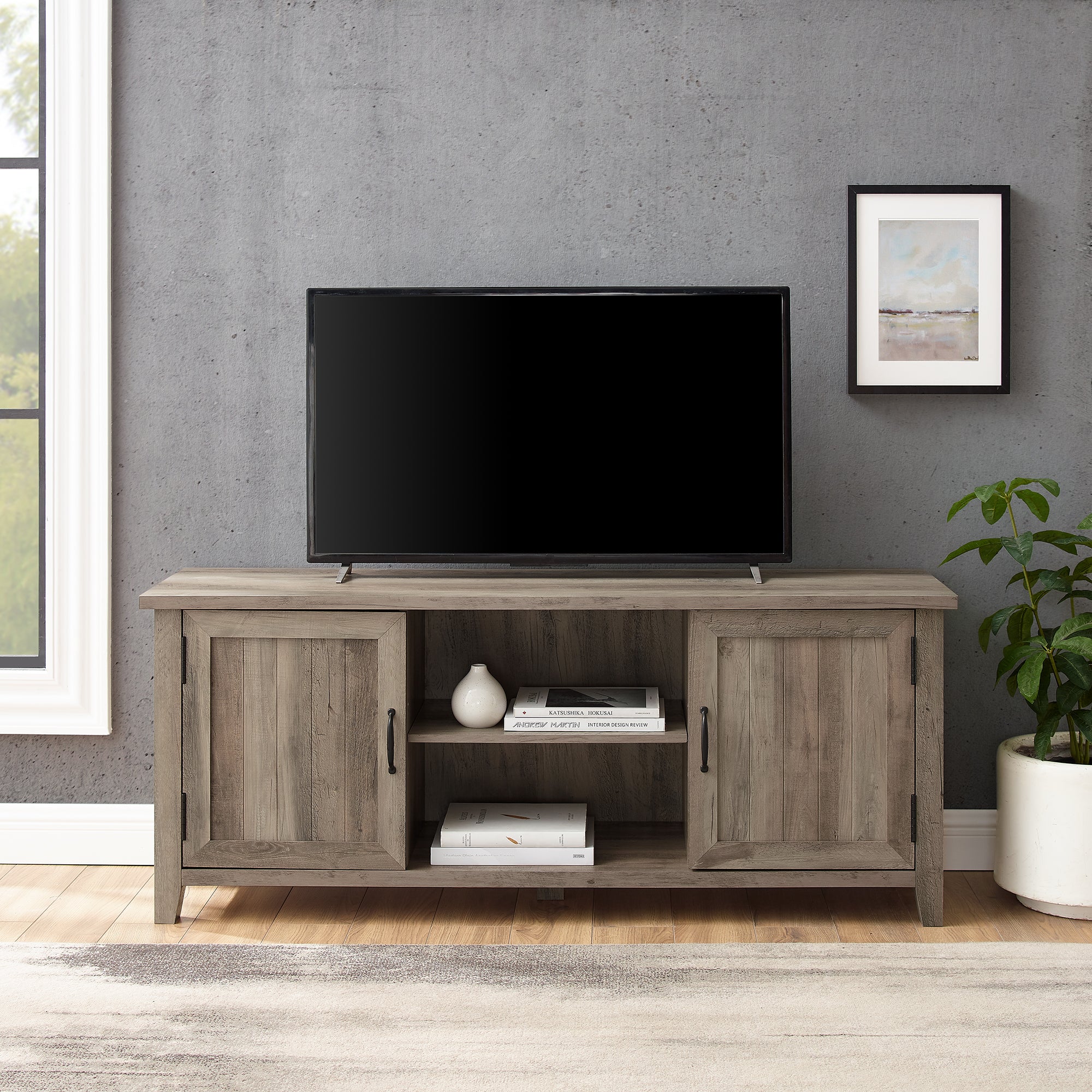 Mueble de TV de 2 puertas con ranuras moderno de 58" de estilo rústico
